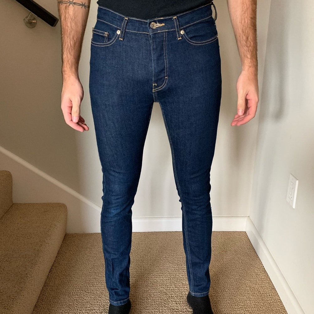 TOPMAN Stretch Skinny Jeans, Dark Blue Denim Zip